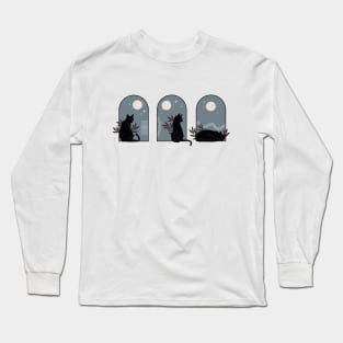 Three minimalist black cats with plants in boho vintage style Long Sleeve T-Shirt